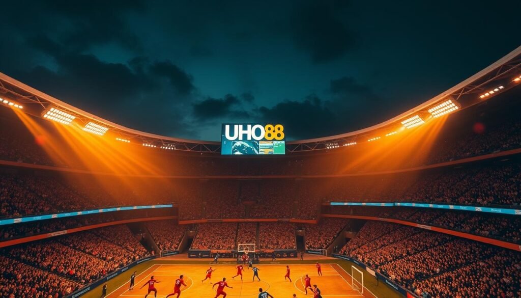 A breathtaking aerial view of a bustling sports arena, the UHO88 logo prominently displayed on the field. Floodlights bathe the scene in a warm, golden glow, casting dramatic shadows across the players and spectators below. In the foreground, athletes in vibrant uniforms engage in a high-intensity game, their movements frozen in time. The middle ground reveals a sea of enthusiastic fans, their faces alight with excitement. In the background, the stadium's sleek, modern architecture frames the action, creating a sense of energy and dynamism. The overall atmosphere conveys the thrill and intensity of live, real-time sports, perfectly capturing the essence of UHO88's immersive sports betting experience.