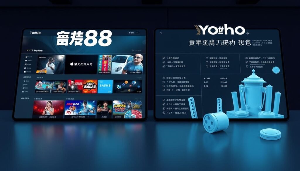 A detailed comparison of the UHO88 online entertainment platform, the Yoho entertainment platform, and other similar platforms. Sleek modern UI design with clean typography and intuitive icons. Balanced composition highlighting key features like live sports events, casino games, and bonuses. Soft lighting and a neutral color palette create a professional, trustworthy atmosphere. Camera angle provides an overview of the platform's functionality and scope. Precise, technical illustrations of platform elements convey a sense of sophistication and credibility.
