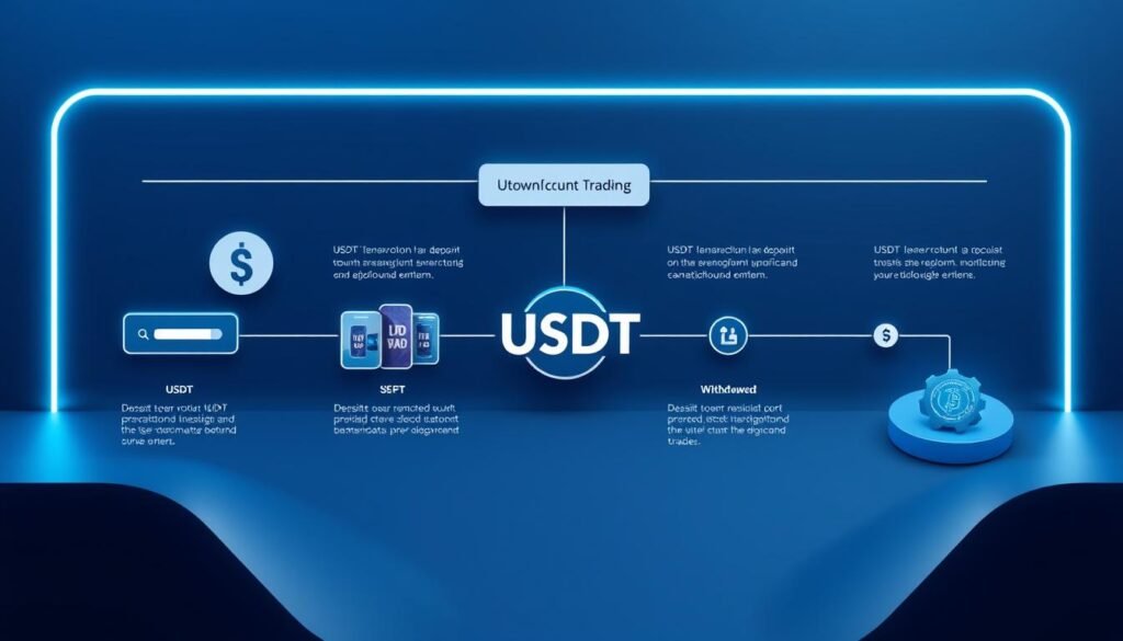 A high-quality USDT cryptocurrency trading process illustration for UTown platform. A clean and sleek infographic depicting the step-by-step flow of USDT transactions, from depositing funds to executing trades and withdrawals. Smooth, minimalist 3D visualization with a cool, futuristic color palette of blues, silvers, and blacks. Prominent UTown branding elements seamlessly integrated. Crisp, high-resolution rendering with dramatic lighting and camera angles to convey a sense of sophistication and technological prowess. The overall mood is one of efficiency, security, and user-friendliness.