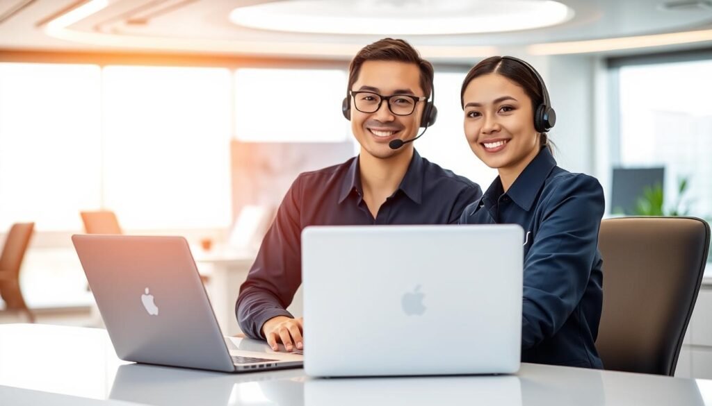 A professional customer service representative from UTown, dressed in a crisp, navy blue uniform, sits at a modern, minimalist desk, laptop open and ready to assist customers. The lighting is warm and inviting, casting a soft glow on the scene. In the background, a sleek, futuristic office space can be seen, with clean lines and a neutral color palette. The representative's expression is friendly and attentive, ready to provide immediate support and guidance to UTown's valued customers.