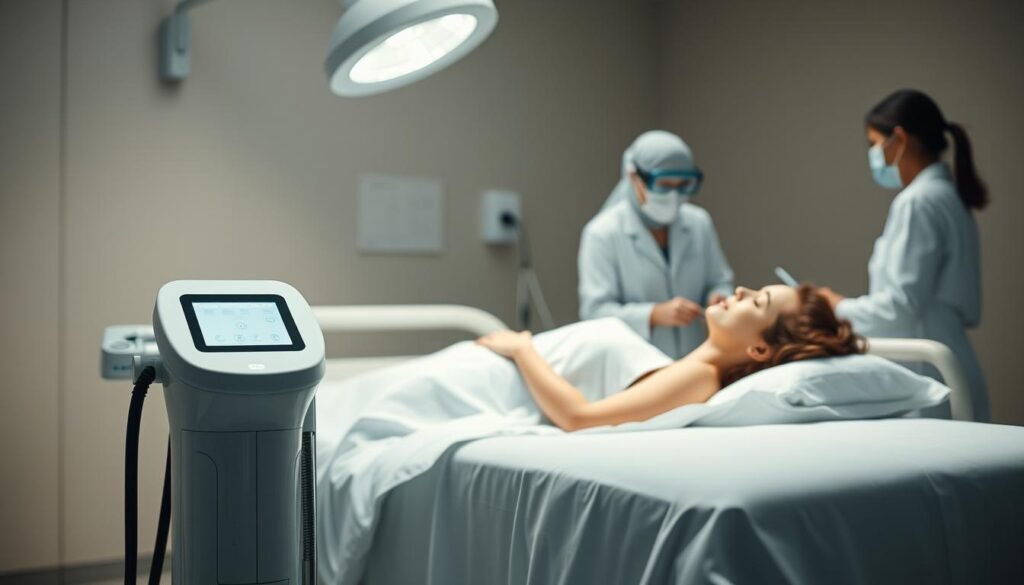 A serene and soothing medical setting, with a patient resting comfortably on a hospital bed. Soft, diffused lighting illuminates the scene, creating a calming atmosphere. In the foreground, a Glowin Beaute device, sleek and modern, stands ready to provide the Oligio X 原美電波treatment. The medical staff, dressed in pristine white uniforms, attend to the patient's needs with utmost care and attention. The background features muted hues and subtle textures, putting the focus on the patient's well-being and the specialized medical equipment. The overall composition conveys a sense of professionalism, safety, and the utmost attention to the patient's post-procedure recovery.