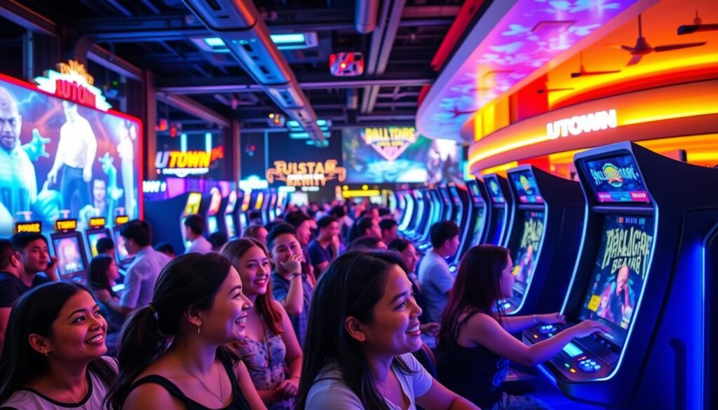 A vibrant and immersive gaming experience unfolds at UTown, a bustling entertainment hub. In the foreground, a diverse array of players engaged in a variety of interactive games, their expressions filled with excitement and joy. The middle ground showcases the sleek, modern design of the gaming stations, each equipped with state-of-the-art technology. The background reveals a visually stunning environment, with neon-lit displays, holographic projections, and a dynamic color palette that creates a captivating atmosphere. Ambient lighting casts a warm, inviting glow, drawing visitors deeper into the thrilling world of UTown's multi-genre gaming adventures.