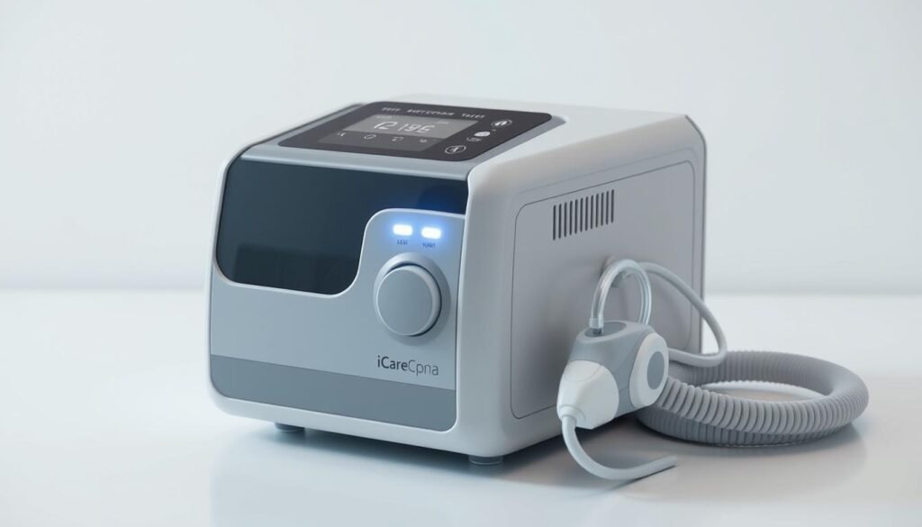 A high-quality medical device for sleep apnea treatment, an iCareCPAP machine stands prominently on a clean, white surface. The device's sleek, modern design features a smooth, gray shell and intuitive digital controls. Bright LED indicators glow softly, conveying the machine's readiness to deliver precise, tailored airflow to the user. Soft, adjustable tubing coils neatly beside the device, ready to connect to a comfortable face mask. The overall scene radiates a sense of healthcare technology and personal comfort, creating an atmosphere of effective, user-friendly sleep therapy.