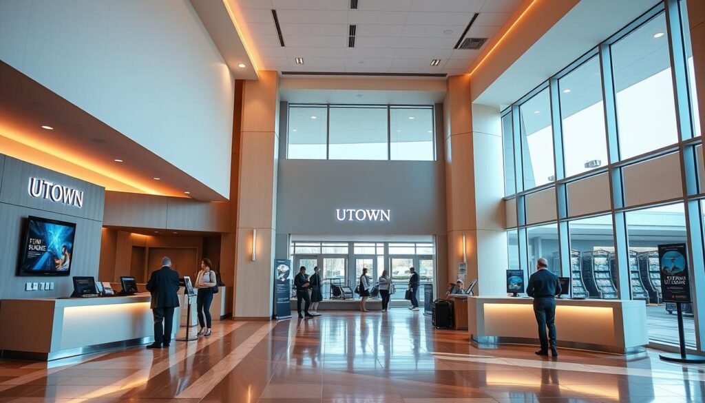 A modern and inviting customer service center for UTown Entertainment City, with a team of friendly and knowledgeable representatives assisting guests. The space features a clean, minimalist design with sleek counters, warm lighting, and a calming color palette of soft blues and grays. Large windows allow natural light to flood the area, creating an open and welcoming atmosphere. Digital displays showcase the casino's offerings, while discreet signage guides visitors. The scene conveys a sense of professionalism and attentive care, reflecting UTown's commitment to providing exceptional customer experiences.