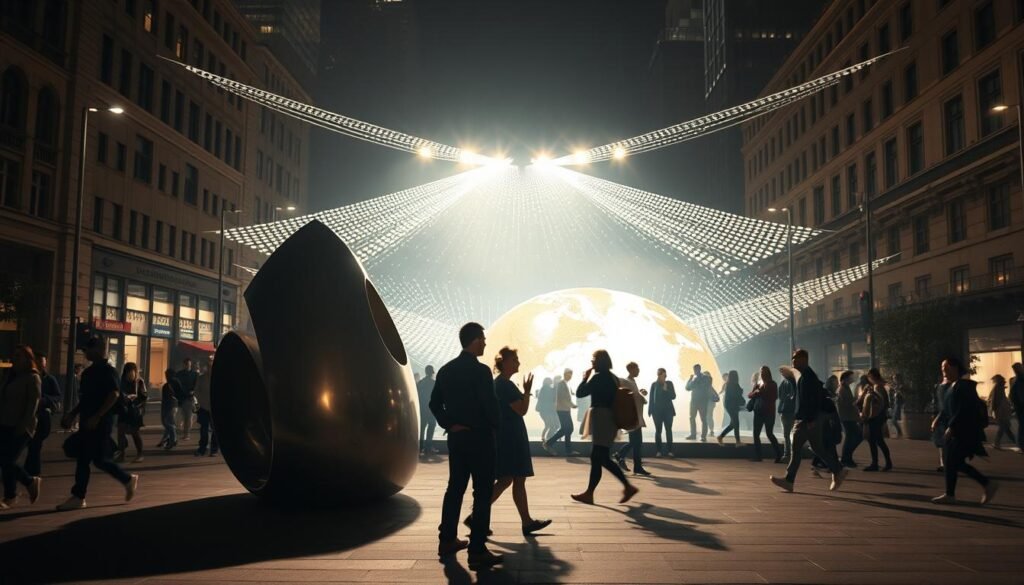 A public art installation in a bustling city square, illuminated by a dynamic lighting system. In the foreground, a large sculptural form casts dramatic shadows, its metallic surface gleaming under strategically placed Aloha spotlights. The middle ground features pedestrians interacting with the artwork, their expressions and movements captured in a warm, ambient glow. The background is filled with the architectural elements of the square, with the Aloha lighting system creating a mesmerizing display of light and shadow, elevating the public space into a captivating work of art.