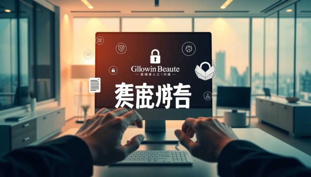 A serene and modern office interior with clean lines, minimalist furnishings, and warm lighting. At the center, a sleek desktop computer displays the "Glowin Beaute" brand name, surrounded by various privacy-focused icons and symbols, such as a lock, a document with a shield, and a pair of hands cupping a data sphere. In the foreground, a person's hands delicately interact with the computer, showcasing the brand's commitment to user privacy and data protection. The middle ground features a stylized, origami-inspired representation of the "優塔隱私保護" phrase, rendered in a soft, elegant typeface. In the background, a serene, blurred cityscape provides a sense of place and context. The overall mood is one of sophistication, security, and attention to detail.