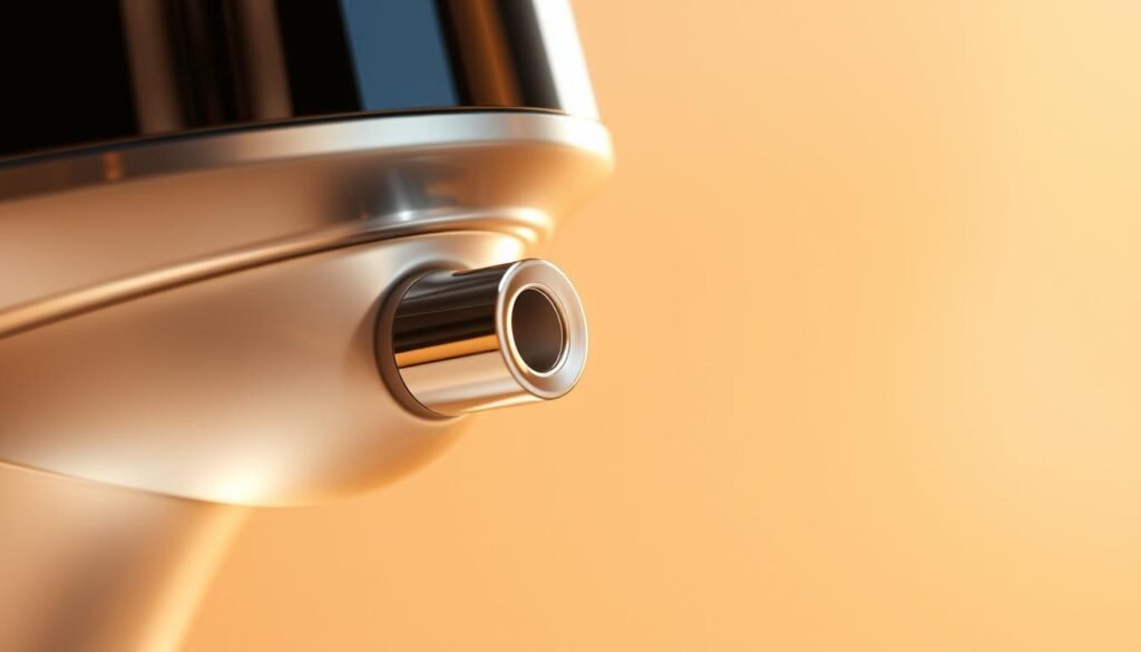 A serene closeup of the Glowin Beaute Oligio X device, its sleek metallic exterior gleaming under soft, diffused lighting. The device's nozzle gently sprays a fine mist of chilled air, creating a soothing, painless cooling sensation on the skin. The background fades into a warm, natural tone, allowing the device's sophisticated design to take center stage. Crisp, high-resolution details capture the technical precision and advanced engineering of this state-of-the-art beauty technology.