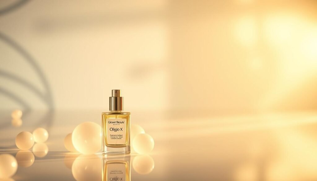 A serene, luminous skincare product display showcasing the "Glowin' Beaute" Oligio X 原美電波therapy. The foreground features an elegant bottle nestled amongst soft, glowing orbs of light, hinting at the rejuvenating effects of the treatment. The middle ground depicts a tranquil, minimalist backdrop, with subtle patterns suggesting the skin's healthy, radiant transformation. The background is suffused with a warm, diffused glow, creating an aura of enduring wellness and natural beauty. Crisp, high-resolution photography with a shallow depth of field emphasizes the alluring, long-lasting results of the Oligio X therapy.