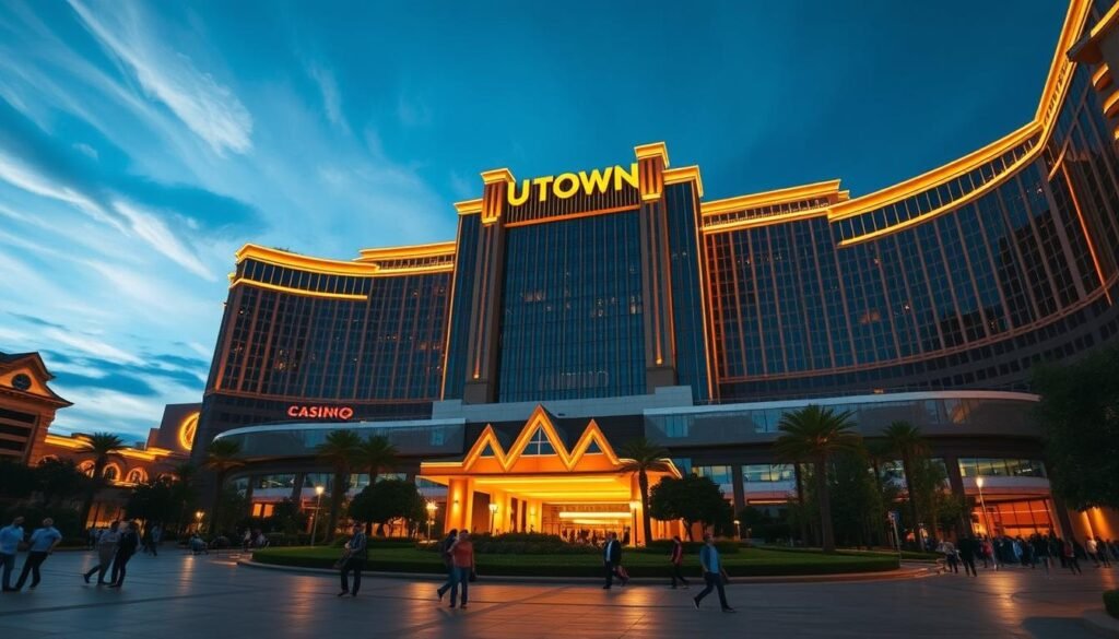 A striking UTown casino complex, its towering facade bathed in a warm, golden glow. The scene is captured from a low, dynamic angle, emphasizing the grandeur and solidity of the building. In the foreground, a well-lit plaza bustles with activity - patrons strolling, enjoying the vibrant atmosphere. The middle ground features lush, manicured landscaping, complementing the sleek, modern architecture. In the background, a deep azure sky with wispy clouds adds a sense of tranquility and elegance. The overall impression is one of safety, security, and an inviting, high-end gaming experience.