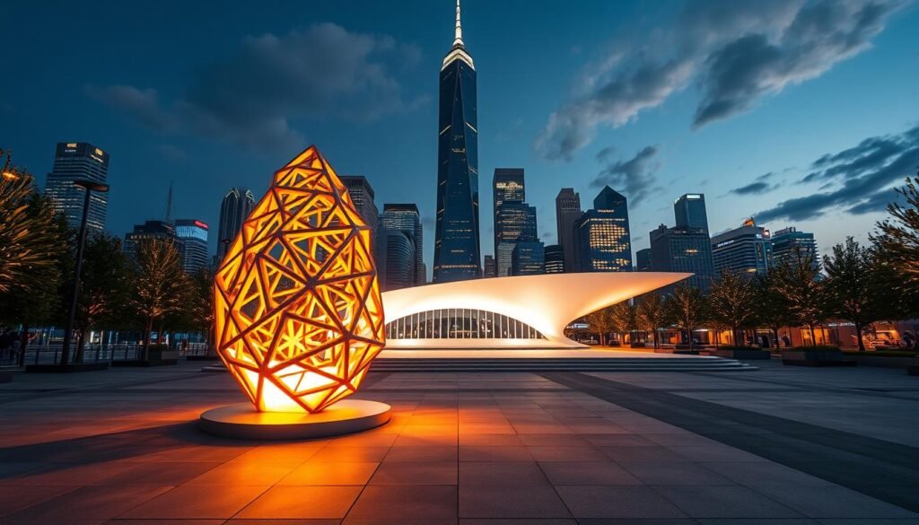 A vibrant public art installation featuring the Aloha brand's innovative lighting technology. The foreground showcases a sculptural piece with intricate geometric shapes, emitting a warm glow that bathes the surrounding area in a soft, enchanting light. The middle ground depicts a sleek, modern plaza with clean lines and minimalist design, complementing the avant-garde lighting fixtures. In the background, a towering cityscape serves as a dramatic backdrop, its architecture accentuated by the strategically placed illumination. The overall scene conveys a sense of wonder, highlighting the seamless integration of cutting-edge lighting and public art to create a captivating, immersive experience.