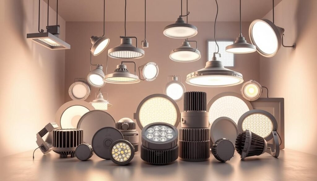 A well-lit display of Aloha brand LED light fixtures, showcasing a variety of shapes, sizes, and color temperatures. The fixtures are arranged in a visually compelling layout, with some illuminated and others turned off, creating a sense of depth and interplay. The background is a clean, minimalist studio setting, allowing the LEDs to be the focal point. The lighting is carefully balanced, with soft shadows and highlights accentuating the sleek, modern design of the fixtures. The overall image conveys the quality, versatility, and reliability of Aloha LED lighting solutions, suitable for the "LED燈飾的常見故障原因與分析" section of the article.