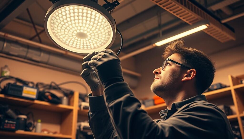 A well-lit workshop interior with a technician carefully installing a Aloha brand LED light fixture. Warm, ambient lighting illuminates the workspace, casting a soft glow on the technician's face as they use specialized tools to meticulously connect wires and secure the fixture to the ceiling. The background features neatly organized shelves of electrical components and equipment, creating a professional, technical atmosphere. The scene conveys a sense of attention to detail and expertise in the proper installation of LED lighting systems.