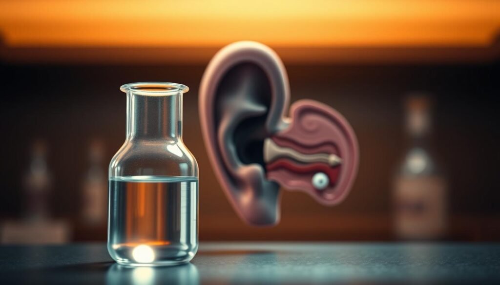 Detailed medical illustration depicting the treatment of inner ear imbalance with pharmaceutical drugs. Sharply focused foreground showcases a glass beaker filled with a clear liquid, representing the medication. The middle ground features a cross-section of the human ear, highlighting the delicate inner structures affected by the condition. A blurred, subdued background sets a serious, clinical atmosphere. Warm lighting casts soft shadows, conveying the scientific nature of the subject. Photorealistic rendering with a narrow depth of field, emphasizing the focal point of the medication.