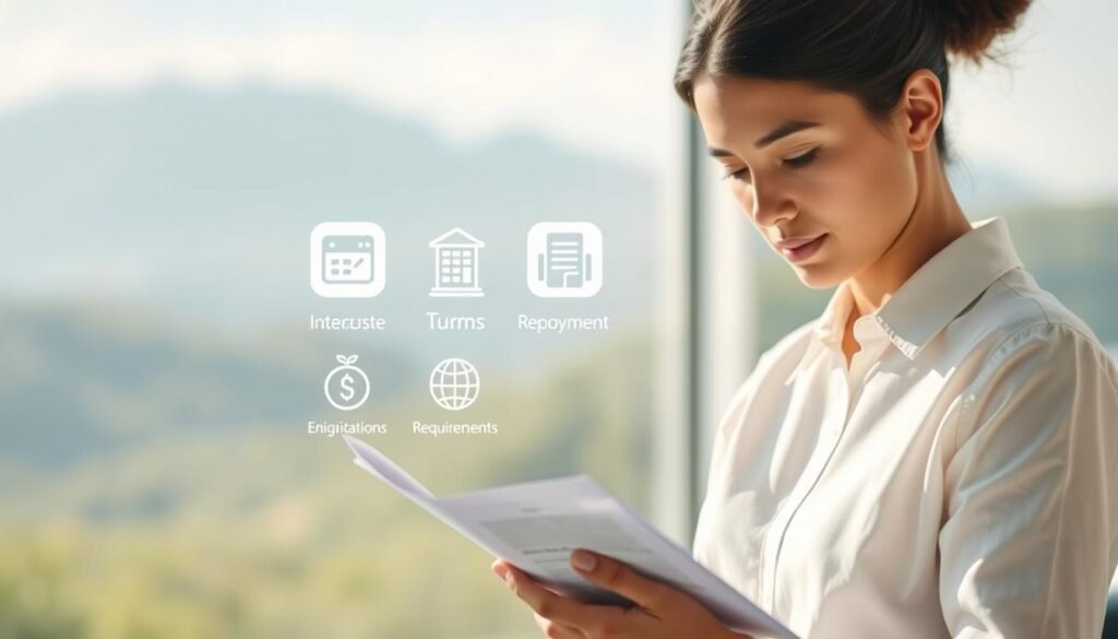 A clean, minimalist illustration depicting the key considerations for applying for a small loan. In the foreground, a person carefully reviewing financial documents, representing the need to thoroughly evaluate one's financial situation. The middle ground showcases simple icons representing factors to consider, such as interest rates, repayment terms, and eligibility requirements. The background depicts a serene, blurred financial landscape, conveying a sense of careful deliberation. The lighting is soft and natural, creating a contemplative mood. The composition is balanced and organized, guiding the viewer's eye through the key elements. The overall aesthetic is professional and informative, suitable for inclusion in the financial article.