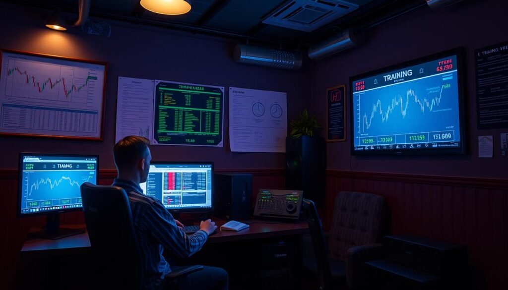 A cozy, well-lit training room in the UTown gaming lounge. A player sits at a desk, intently focused on a computer screen displaying a simulated trading platform. The room is filled with the soft glow of monitors and the hum of equipment. On the walls, financial charts and diagrams provide guidance. The atmosphere is one of concentration and learning, as the player practices sound money management strategies within the safety of a &quot;trial mode&quot; simulation.