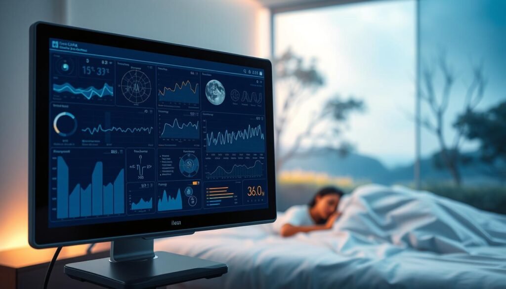 A detailed analysis of sleep apnea data from an iCareCPAP device. The foreground depicts a sleek medical monitor displaying various charts and graphs, showcasing sleep patterns, breathing metrics, and treatment effectiveness. The middle ground features a minimalist, futuristic bedroom setting with a peaceful, resting figure in bed. The background subtly blends serene nature imagery, conveying a sense of tranquility and rejuvenation. The lighting is soft and warm, creating a calming atmosphere. The overall composition emphasizes the interconnection between sleep, respiratory health, and the technology-assisted treatment of sleep apnea.