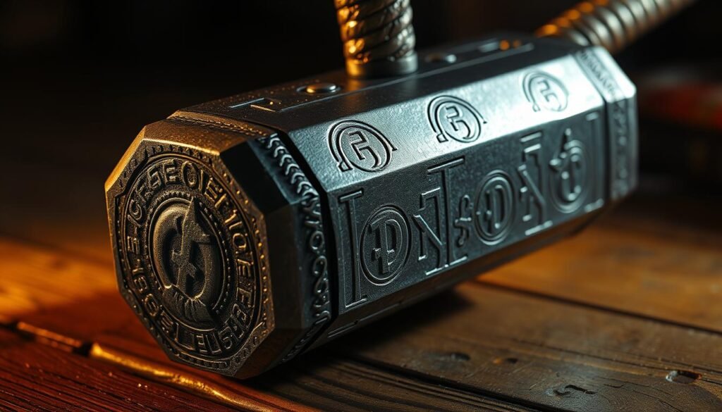 A detailed close-up view of the mighty Mjolnir, the legendary hammer of the Norse god Thor, showcasing its intricate rune-covered design and powerful metallic construction. The hammer rests on a wooden surface, illuminated by warm, dramatic lighting that casts deep shadows, creating a sense of weight and solidity. The image should convey the raw power and ancient mysticism associated with this iconic UTown weapon.