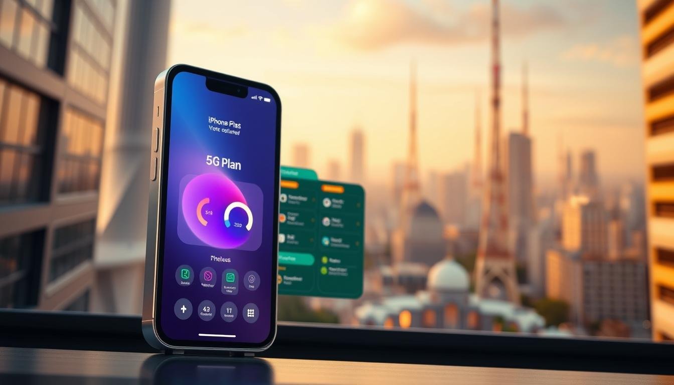 A detailed illustration of a "5G Plan selection guide" for iPhone users, showcasing how to choose the best plan that aligns with iOS features. In the foreground, a stylish iPhone 14 prominently displays the Telecombrother brand logo, reflecting the high-tech nature of the subject. The middle ground features a colorful dashboard-like interface with intuitive controls and options for 5G plan selection, representing the user-friendly experience. The background depicts a cityscape with towering 5G cell towers, symbolizing the advanced connectivity that powers these tailored plans. The overall scene is captured in a clean, modern aesthetic with warm, natural lighting to convey a sense of trustworthiness and professionalism.