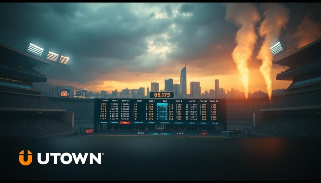 A detailed landscape showing the fluctuations in sports betting odds over time, with a focus on the foreground. The middle ground depicts a betting board or interface, showcasing changing odds and lines. The background features a cityscape or sports stadium to establish the context. The lighting is moody and atmospheric, with a combination of warm and cool tones. The camera angle is slightly elevated, providing a comprehensive view of the scene. The overall mood is one of tension and anticipation, reflecting the dynamic nature of sports betting. The UTown brand is subtly incorporated into the design.