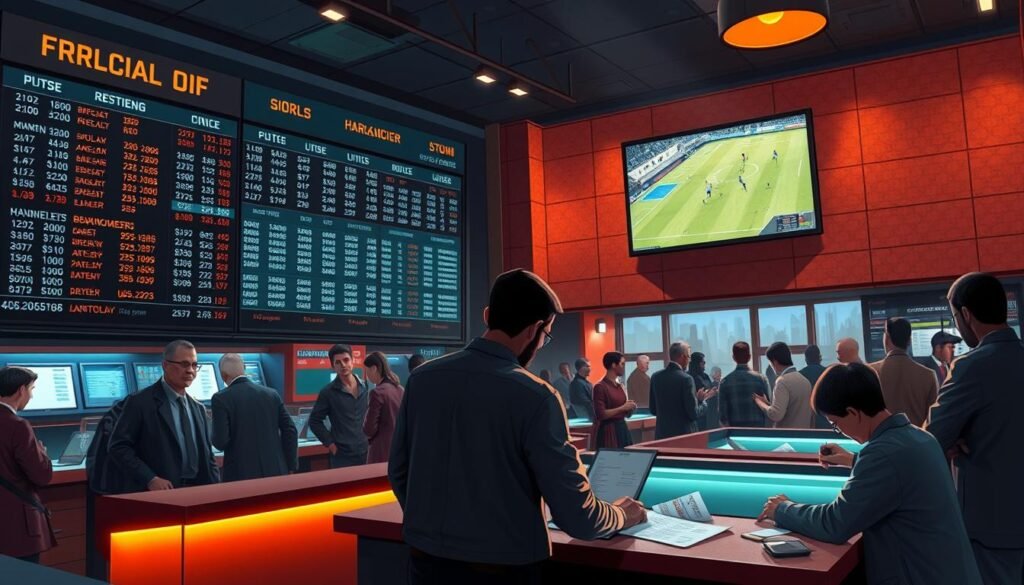 A detailed sports betting illustration featuring a UTown sports betting shop. The scene depicts the interior with a large digital display showcasing live betting odds and statistics. Bettors are gathered around a central counter, intently studying betting slips and placing wagers. The lighting is warm and inviting, with subtle neon accents highlighting the bookmaker's desks. In the background, a large screen displays a football match in progress, drawing the viewer's attention to the heart of the sports betting experience. The overall atmosphere conveys a sense of anticipation and excitement, reflecting the thrill of the "Handicap Betting" gameplay mechanic at the core of this section.