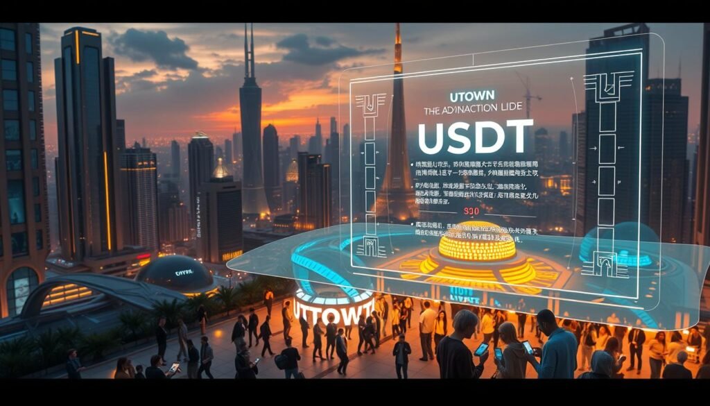 A futuristic cityscape with towering skyscrapers and a vibrant, neon-lit UTown at the center. The scene is bathed in a warm, golden glow, creating a sense of prosperity and technological advancement. In the foreground, a holographic display showcases the advantages of USDT transactions, with sleek, minimalist UI elements and an intuitive interface. The middle ground features a bustling, crypto-themed plaza, where people are engaged in lively USDT-based transactions, their faces illuminated by the glow of their mobile devices. The background is a panoramic view of the city, with towering spires and advanced transportation systems, conveying the idea of a thriving, tech-savvy metropolis.