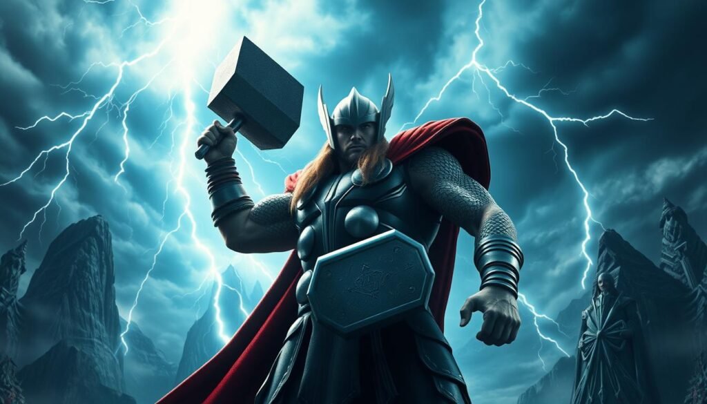 A grand and imposing figure of the Norse god Thor stands triumphantly, wielding the mighty Mjolnir hammer amidst a dramatic storm. Bolts of lightning crackle across the sky, illuminating the hero's chiseled visage and muscular physique. The foreground showcases the intricate detailing of Thor's armor and the iconic winged helmet, while the background features a vast, otherworldly landscape of towering mountains and swirling clouds. The scene emanates a sense of power, majesty, and the thrill of battle, perfectly capturing the essence of the "UTown" casino's "Thor's Hammer" trial gameplay experience.