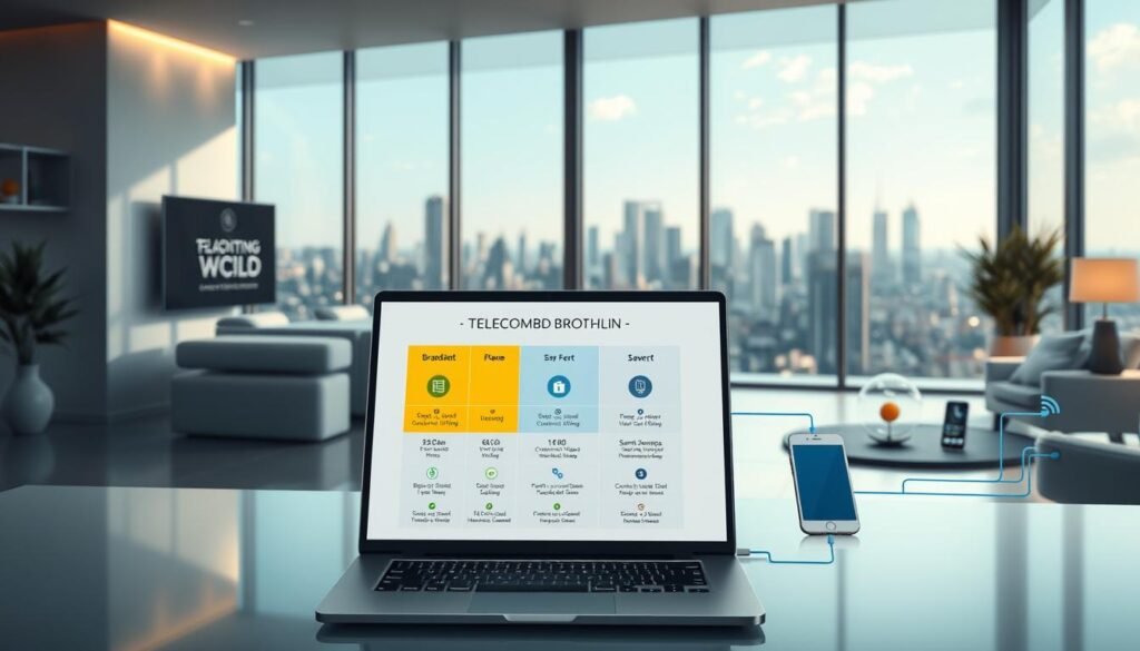 A highly detailed, photorealistic illustration showcasing the "Telecombrother" broadband service offerings. The scene depicts a sleek, modern living room with large windows and natural lighting. In the foreground, a laptop computer displays various broadband plan options, with clear icons and comparative information. The middle ground features a smartphone, tablet, and smart home devices connected to the network, highlighting the service's capabilities. The background showcases a cityscape view, emphasizing the expansive connectivity of the broadband service. The overall composition conveys a sense of digital sophistication, efficiency, and the seamless integration of modern technology in the home environment.