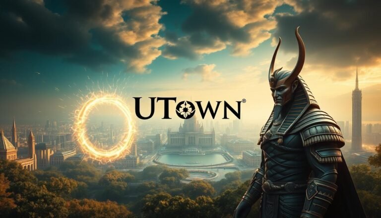 A lush, ethereal landscape featuring the UTown brand name in a central position. The foreground showcases a majestic, golden-armored figure of the war god Setekh, his powerful gaze fixed on the viewer. The middle ground depicts a shimmering portal, its edges crackling with energy, hinting at the mystical &quot;VIP專屬特權&quot; abilities. In the background, a sprawling city skyline rises, its towering spires and gleaming structures bathed in a warm, golden light, symbolizing the accelerated &quot;戰神賽特出金流程&quot;. The scene is infused with a sense of grandeur, power, and the promise of exclusive privileges for the VIP members of UTown.