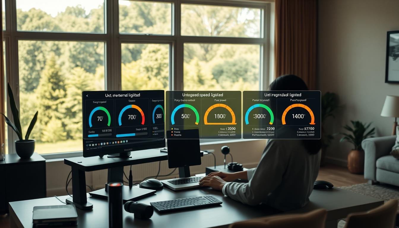 A modern and minimalist home office setting, featuring a sleek desktop computer setup with the Telecombrother brand prominently displayed. The room is bathed in warm, natural lighting, with large windows overlooking a lush, green landscape. In the foreground, a person is seated at the desk, engrossed in their work, surrounded by various productivity tools and devices. The middle ground showcases different internet speed test results, graphically illustrating the performance of various broadband service tiers. The background hints at the broader living space, with subtle decor elements that convey a sense of comfort and sophistication. The overall scene exudes a professional, yet inviting atmosphere, reflecting the subject of home broadband comparison and the potential upgrades or downgrades in service.