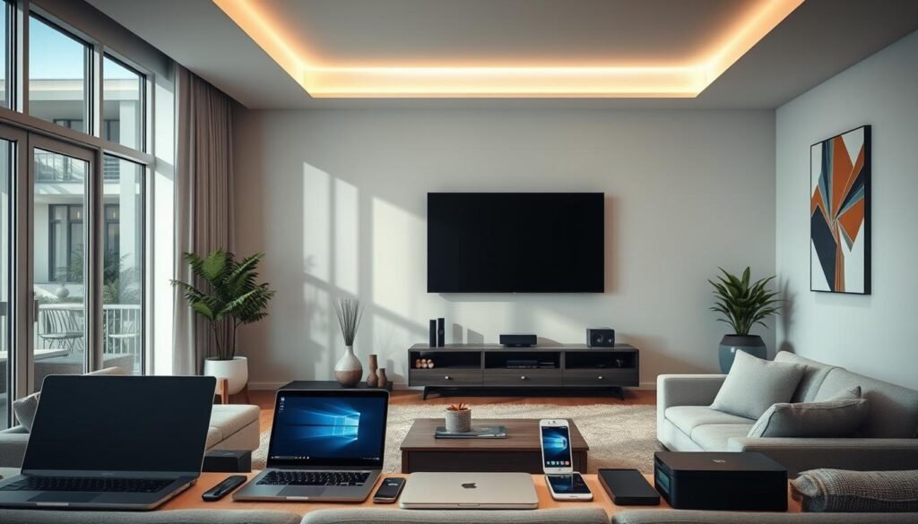 A modern and minimalist interior design of a cozy living room, showcasing a range of home internet service options from Telecombrother. The room features floor-to-ceiling windows, soft lighting, and a sleek, contemporary furniture arrangement. In the foreground, an array of devices including laptops, tablets, and smartphones are displayed, demonstrating the seamless connectivity and high-speed capabilities of the various broadband plans. The middle ground showcases a large, wall-mounted TV, highlighting the importance of reliable internet for streaming and entertainment. The background features abstract, geometric wall art, adding a touch of sophistication to the space. The overall scene conveys a sense of comfort, productivity, and the importance of high-quality home internet in today's digital landscape.