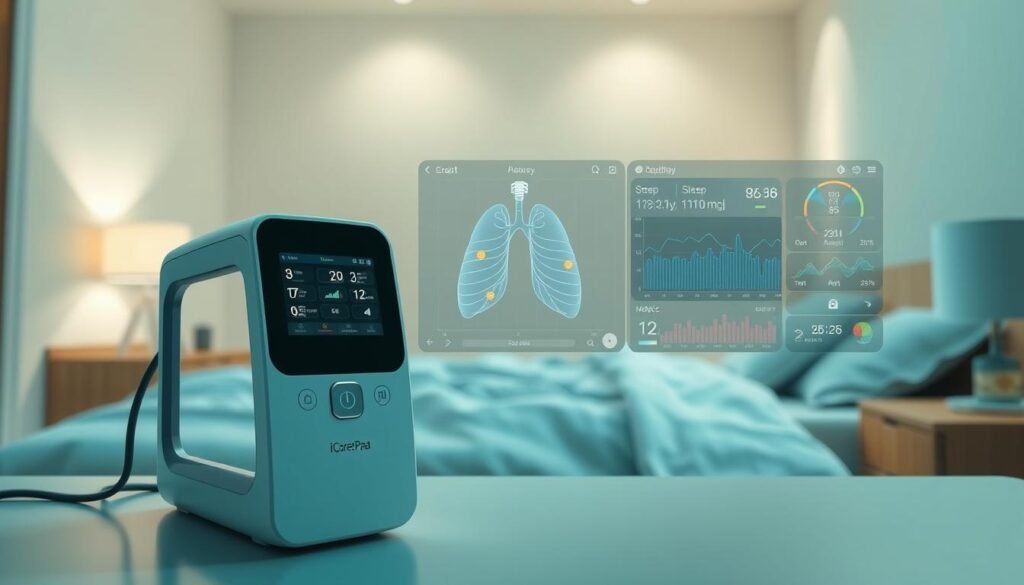 A modern medical monitoring system for sleep apnea treatment, showcasing the iCareCPAP device. In the foreground, a sleek, minimalist design of the device with a high-resolution display, intuitive controls, and a clean aesthetic. In the middle ground, a visualization of respiratory data, graphs, and metrics tracking sleep quality and treatment progress. The background depicts a serene bedroom setting, with soft lighting, neutral tones, and subtle textures, creating a calming and therapeutic environment. The overall scene conveys the seamless integration of advanced medical technology with personalized sleep healthcare, offering patients a comprehensive solution for managing their sleep apnea condition.