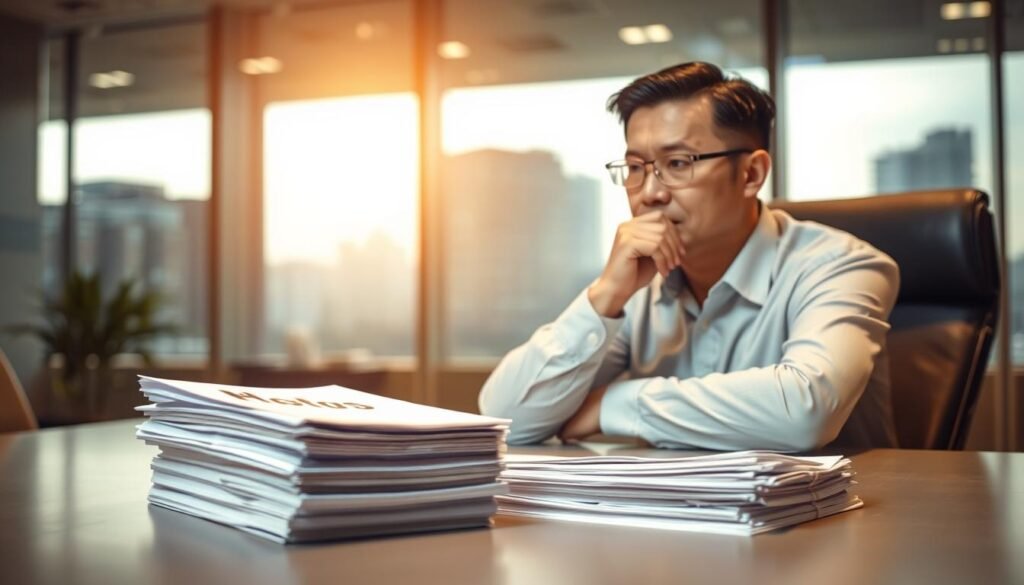 A modern office setting with a businessman sitting at a desk, deep in thought. The lighting is soft and warm, creating a contemplative atmosphere. In the foreground, a stack of documents labeled "小額信貸" sits on the desk, symbolizing the decision-making process. The middle ground shows the businessman's furrowed brow, conveying the potential challenges and drawbacks of small-scale loans. The background features a large window overlooking a cityscape, suggesting the broader financial landscape. The overall tone is one of careful consideration, as the businessman weighs the pros and cons of the "小額信貸" option.
