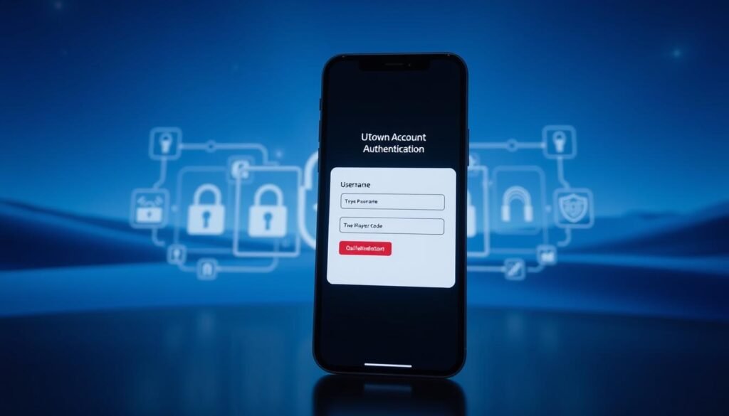 A modern, secure UTown account system showcasing a double authentication interface. In the foreground, a sleek smartphone screen displays a two-factor login prompt, with fields for entering a username, password, and one-time verification code. The middle ground features a series of lock icons, biometric sensors, and security symbols, conveying the multilayered protection of the system. The background is a minimalist, blue-toned landscape, evoking a sense of digital safety and reliability. Crisp lighting and a slightly low camera angle emphasize the sophisticated, cutting-edge nature of the UTown account security measures.