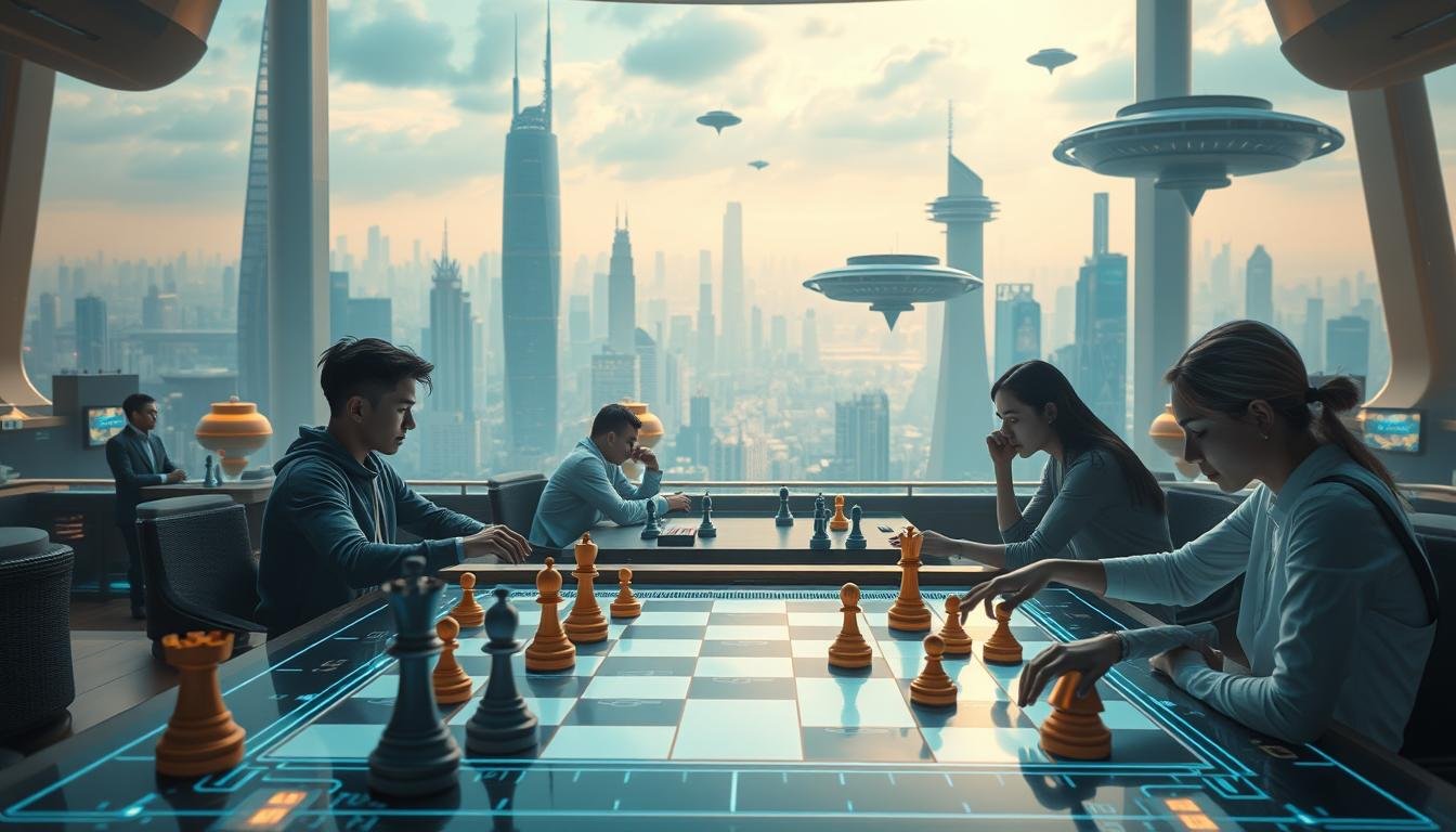 A serene and futuristic scene of a virtual UTown casino, where players engage in a captivating game of online chess or cards. The foreground features a sleek, minimalist gaming interface with holographic playing pieces and cards, their movements guided by the latest blockchain technology. In the middle ground, avatars of players from around the world are immersed in intense matches, their expressions reflected in the ambient lighting. The background showcases a sprawling, futuristic city skyline, with towering skyscrapers and hovering transport vehicles, all bathed in a soft, warm glow. The overall atmosphere conveys a sense of innovation, connectivity, and the seamless integration of blockchain into the online entertainment experience.