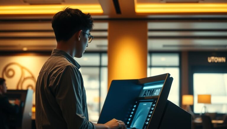 A serene interior of the UTown Entertainment City, showcasing a player seamlessly withdrawing funds from an ATM-like terminal. The scene is bathed in warm, inviting lighting, capturing the efficient and hassle-free withdrawal process. The player's face is obscured, but their body language conveys a sense of satisfaction and relief. The background features tasteful decor, subtly hinting at the modern and well-appointed facilities of UTown. The composition is balanced, with the withdrawal station taking center stage, surrounded by a clean, uncluttered environment that exudes professionalism and trustworthiness.