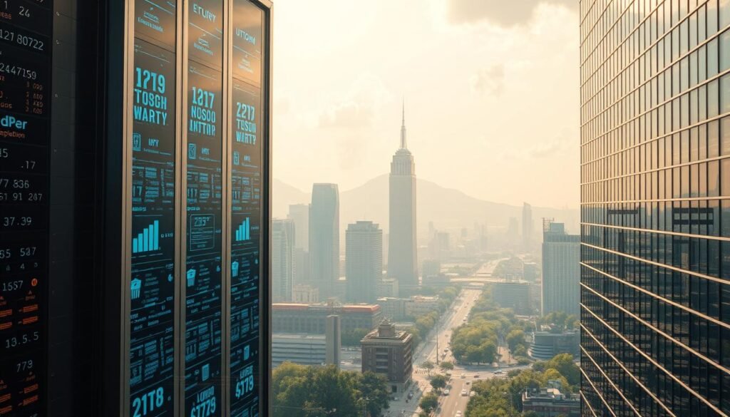 A serene utopia emerges, the UTown skyline shimmering under soft, ambient lighting. In the foreground, a secure data center stands tall, its sleek facade accentuated by gleaming metal and glass. Holographic displays flicker with encrypted information, guarding the privacy and finances of the city's residents. The middle ground features a bustling financial district, where state-of-the-art security measures ensure the safety of every transaction. In the background, a lush, verdant landscape frames the scene, suggesting a harmonious balance between technology and nature. The overall atmosphere conveys a sense of trust, stability, and unwavering commitment to safeguarding the community's wellbeing.
