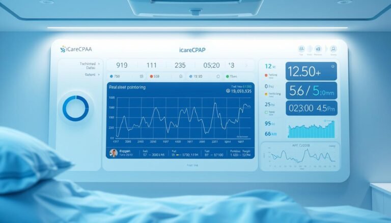 A sleek and modern medical dashboard displaying real-time data from an iCareCPAP sleep apnea monitoring system. The interface features clean, minimalist lines and intuitive icons, with a central graph tracking the patient's breathing patterns and oxygen levels during the night. Soft blue and white tones create a calming, clinical atmosphere, while subtle ambient lighting adds depth and dimension. The layout is balanced and visually appealing, making it easy for healthcare professionals to quickly interpret the data and monitor the patient's treatment progress.