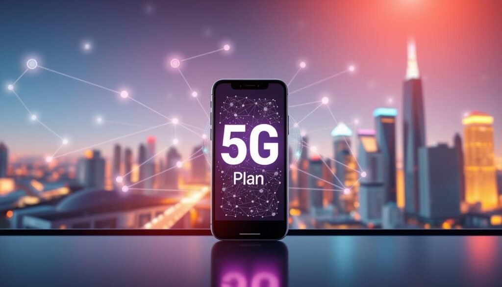 A sleek, futuristic 5G plan concept illustration. A Telecombrother logo stands prominently in the foreground, surrounded by a detailed 5G network diagram with smooth lines, glowing nodes, and vibrant colors. In the middle ground, a modern smartphone displays 5G connectivity, its screen reflecting the dynamic network. The background features a cityscape with towering skyscrapers, conveying the advanced infrastructure required for high-speed 5G coverage. Bright, even lighting illuminates the scene, creating a sense of technological progress and innovation.