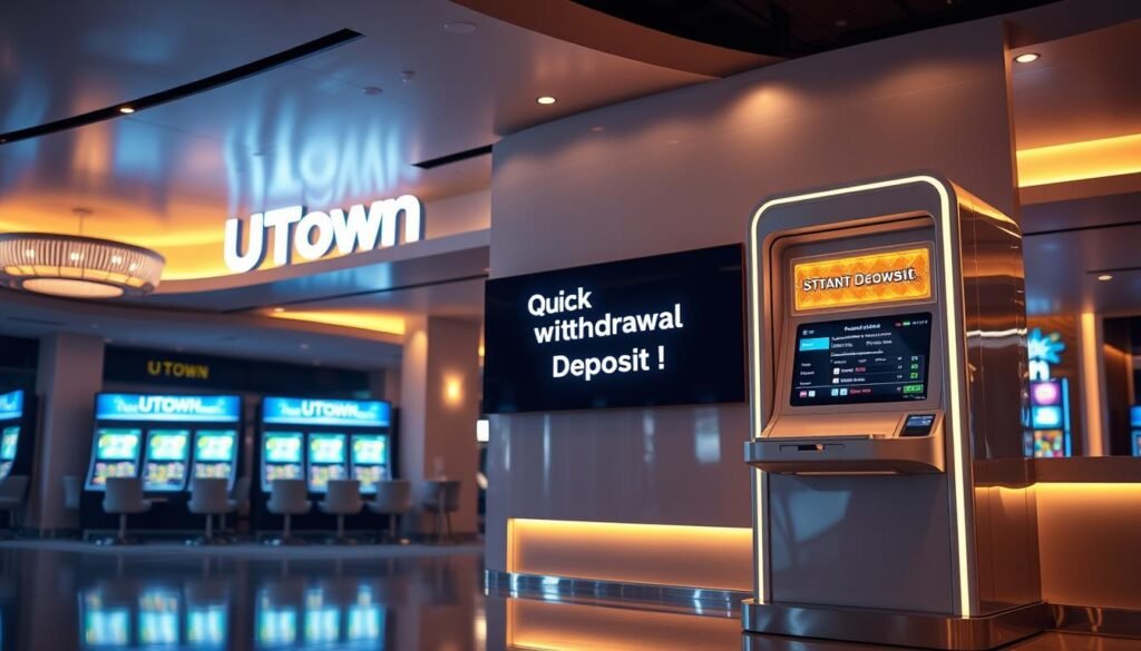 A sleek, modern interior of the UTown entertainment center, with a prominent cash withdrawal station prominently displayed. The scene is bathed in a warm, inviting glow, with soft lighting highlighting the clean lines and elegant design. The withdrawal station features a large digital display showcasing the message "Quick Withdrawal, Instant Deposit" in a crisp, legible font. The overall atmosphere conveys a sense of efficiency, convenience, and a seamless gaming experience for the players.