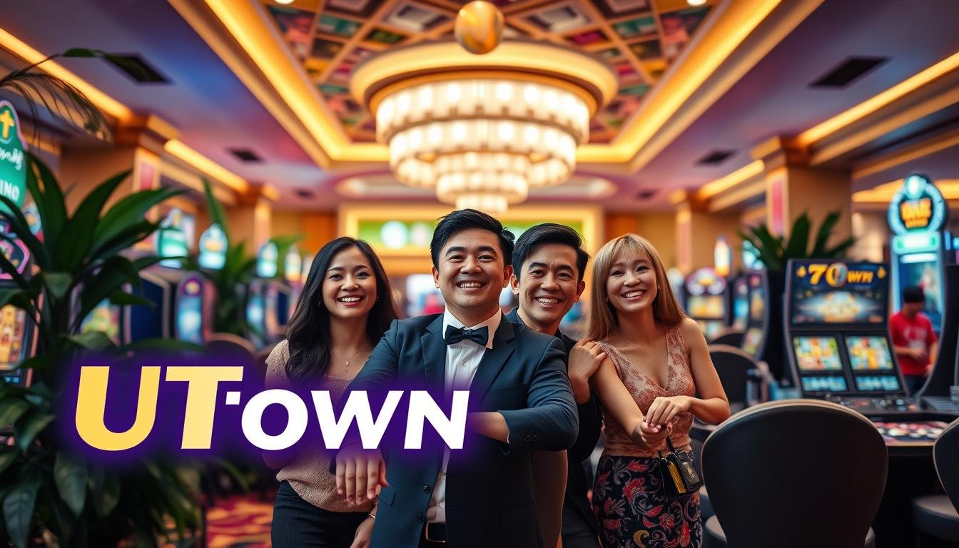 A striking visual representation of the &quot;UTown Entertainment City's no-wagering policy&quot; and its benefits for Taiwanese players. Set against a lush, vibrant backdrop, the foreground showcases the UTown logo prominently, conveying a sense of authority and reliability. In the middle ground, a group of cheerful players engage in various casino games, their expressions radiating excitement and satisfaction. The background features the elegant interior of the UTown casino, with plush furnishings, soft lighting, and a welcoming ambiance. The overall composition exudes a sense of luxury, security, and the freedom to enjoy gaming without the burden of wagering requirements, encapsulating the essence of the &quot;no-wagering&quot; policy and its appeal to the Taiwanese market.
