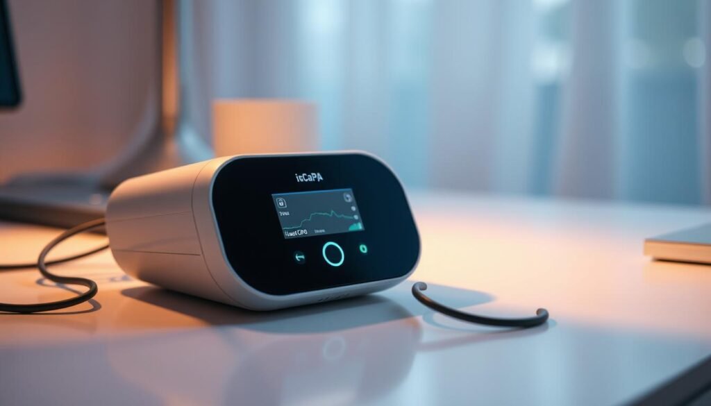 A well-lit, detailed close-up image of the iCareCPAP sleep apnea device, showcasing its sleek and modern design. The device should be placed on a clean, minimalist desk surface, with a soothing, calming atmosphere in the background, perhaps with a gentle blurred out window view or a soft, ambient lighting setup. The image should convey the importance of data management and tracking the effectiveness of sleep apnea treatment, highlighting the device's ability to seamlessly integrate with a comprehensive sleep data management system.