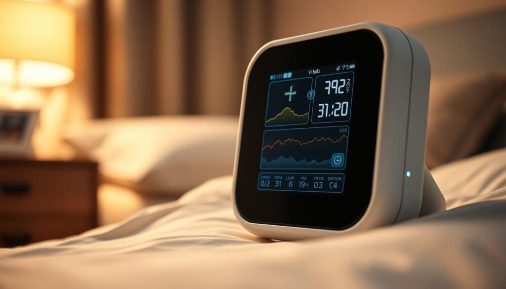 A well-lit, high-resolution close-up view of a modern iCareCPAP sleep apnea monitoring device. The device has a sleek, futuristic design with a large digital display showing real-time sleep data and vitals. The foreground is sharply in focus, with a soft, blurred background suggesting a peaceful, serene bedroom setting. Warm, gentle lighting creates a calming atmosphere, emphasizing the device's role in providing restful, restorative sleep. The image conveys the advanced, remote monitoring capabilities of the iCareCPAP system, enabling healthcare providers to track sleep therapy effectiveness from a distance.