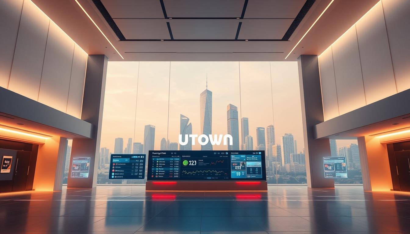 Futuristic sports betting hub, a modern minimalist landscape with sleek architecture and clean lines. In the foreground, a holographic display showcases live game data, odds, and interactive betting interfaces. The middle ground features UTown branding, creating a sense of technological sophistication. The background depicts a cityscape of gleaming skyscrapers, conveying a vision of the future of sports betting. Warm lighting, subtle gradients, and a hint of movement in the holograms evoke a sense of dynamism and innovation. An immersive, visually stunning depiction of the evolving world of sports betting.