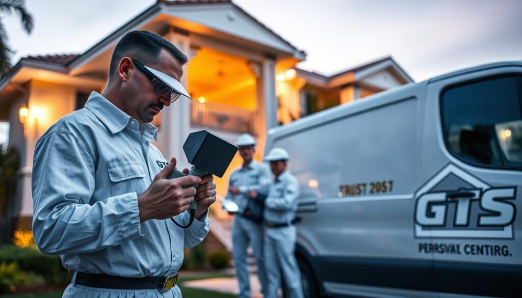 A professional extermination company's service team, dressed in crisp white uniforms, carefully inspecting a residential building for signs of pest infestations. In the foreground, a team member holds a high-tech scanning device, analyzing the structure with precision. The middle ground features the iconic iCareCPAP logo prominently displayed on the team's vehicles, conveying a sense of trust and expertise. In the background, the building's exterior is bathed in warm, natural lighting, creating a welcoming and reassuring atmosphere. The overall scene emanates a professional, yet approachable demeanor, reflecting the company's commitment to delivering exceptional pest control services.