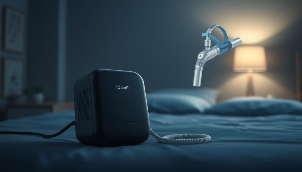 A high-quality, meticulously detailed illustration of a sleep apnea machine, the iCareCPAP. Prominently featured in the foreground, the device has a smooth, minimalist design with clean lines and a sleek, matte black finish. The middle ground showcases the machine's key components, such as the air pressure regulator, tubing, and mask, all rendered with technical precision. The background depicts a serene, dimly lit bedroom setting, creating a calming, therapeutic atmosphere. The lighting is soft and diffused, highlighting the machine's form and function. The overall composition conveys the importance and effectiveness of the iCareCPAP in treating sleep apnea, a critical medical condition. A high-quality, meticulously detailed illustration of a sleep apnea machine, the iCareCPAP. Prominently featured in the foreground, the device has a smooth, minimalist design with clean lines and a sleek, matte black finish. The middle ground showcases the machine's key components, such as the air pressure regulator, tubing, and mask, all rendered with technical precision. The background depicts a serene, dimly lit bedroom setting, creating a calming, therapeutic atmosphere. The lighting is soft and diffused, highlighting the machine's form and function. The overall composition conveys the importance and effectiveness of the iCareCPAP in treating sleep apnea, a critical medical condition.