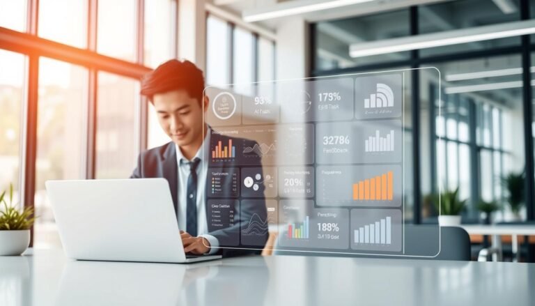 A modern, sleek workspace showcasing the "Line行銷服務 line lap 平台." In the foreground, a professional-looking person in business attire, analyzing data on a laptop with vibrant graphs and charts displayed on the screen, illustrating the effectiveness of targeted marketing. In the middle, a transparent digital interface overlaying the scene, showing various metrics and analytics relevant to Line marketing services. The background features a contemporary office setting with large windows, allowing natural light to illuminate the space, creating a bright, focused atmosphere. The mood is analytical and innovative, emphasizing the importance of data feedback in strategic marketing communication.