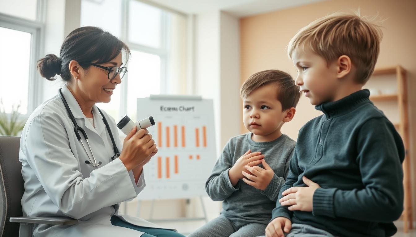 A pediatric dermatologist in a modern clinic, attentively conducting a follow-up consultation with a young child suffering from eczema. The foreground features the doctor, a middle-aged East Asian female in professional attire, gently examining the child's skin with a dermatoscope. The child, a Caucasian boy in comfortable, modest clothing, looks at the doctor with curiosity. In the middle ground, a health chart displays eczema treatment progress. The background is bright and airy, with soft natural light filtering through large windows, creating a welcoming environment. The atmosphere conveys professionalism and empathy, capturing the essence of the doctor's role in the ongoing treatment process.