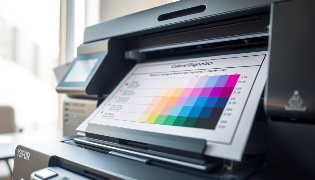 A close-up view of a color laser printer displaying an A4 sheet with a vivid illustration of color offset diagnostics. In the foreground, the printer is intricately designed, featuring visible printed components and LED indicators. The middle layer includes the diagnostic sheet showing distinct color bands of cyan, magenta, yellow, and black, some overlapping, indicating miscoloration. The background reveals a well-lit, modern office setting with soft, natural lighting streaming through a window, casting gentle shadows. The overall atmosphere is professional and focused; the composition suggests a troubleshooting scenario, inviting viewers to engage with the visual depiction of color issues and their solutions.