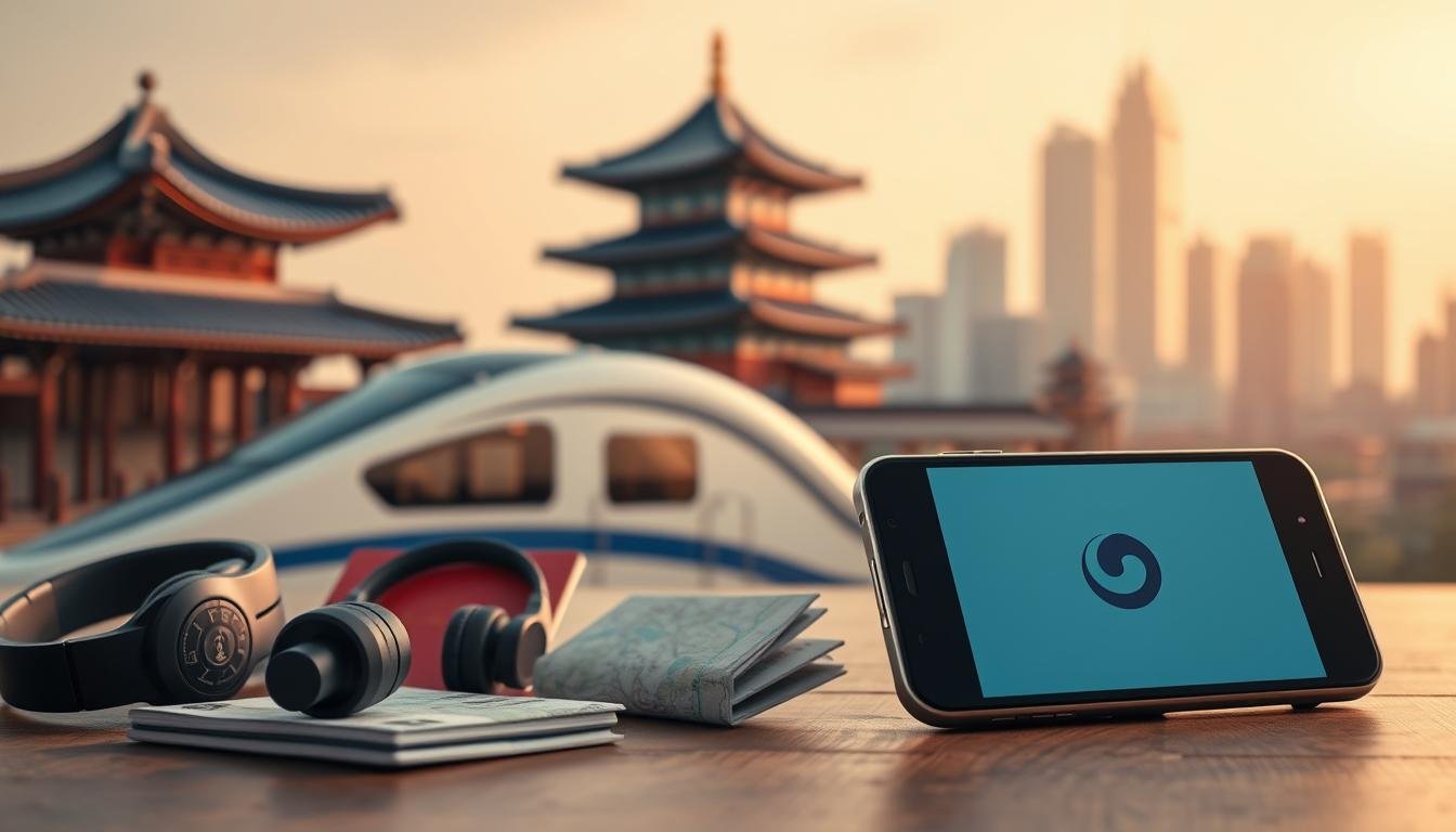 A visually striking composition showcasing the concept of OceanEsim as a tailored eSIM solution for travelers in South Korea. In the foreground, a sleek smartphone with an active screen displaying the OceanEsim logo, surrounded by travel essentials like a passport, headphones, and a map. The middle ground features a high-speed train in motion, symbolizing connectivity and travel, while the background encapsulates iconic South Korean landmarks like Gyeongbokgung Palace and modern skyline elements, evoking a blend of tradition and modernity. Soft, warm lighting enhances the inviting atmosphere, with a slight blur effect on the background to emphasize the foreground elements. The scene conveys a sense of exploration, convenience, and advanced technology for travelers.