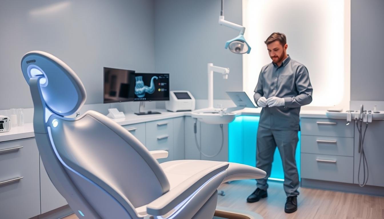 A modern dental clinic showcasing advanced endodontic treatment equipment specifically designed for root canal therapy. In the foreground, highlight a sleek dental chair with integrated lighting and ergonomic design, emphasizing precision in patient care. In the middle ground, display high-tech dental tools and a digital imaging system on a clean, organized counter, creating a sense of professionalism. The background features a calming color palette with soft, diffused lighting that promotes a tranquil atmosphere. Include a professional dentist in modest attire, attentively preparing the equipment, ensuring a focus on expertise and patient comfort. The overall mood is one of innovation, care, and the importance of advanced dental practices in enhancing oral health.